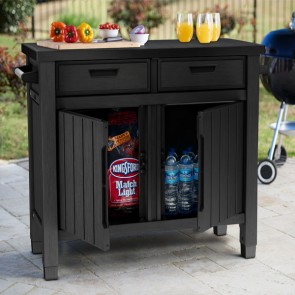 Tavolino barbecue in resina per esterno con cassetti e 2 ante colore grafite. Tavolini da giardino per grigliate,