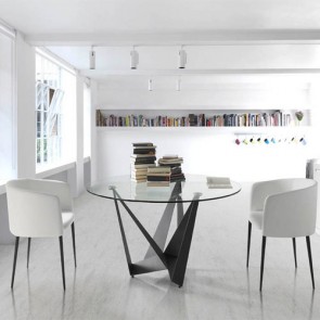 Tavolo da pranzo rotondo Angel Cerdà, tavoli cucina soggiorno con piano circolare fisso in vetro temperato e struttura in acciaio inox laccato nero opaco.