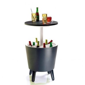 Tavolino portaghiaccio grigio da giardino in resina, tavolini frigo con piano rialzabile da esterno per balconi e terrazzi. Dimensioni 49,5x49,5x57h cm 