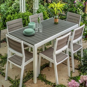 Tavolo da giardino grigio scuro in resina antiurto, tavoli bianchi da esterno per balconi e terrazzi. Dimensioni 160x90x74h cm 