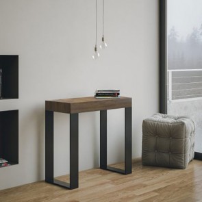 Tavolo consolle Tecno allungabile a 300 cm, colore noce. Tavoli consolle allungabili con telaio antracite e cinque allunghe.