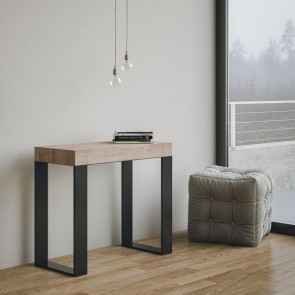 Tavolo consolle Tecno quercia allungabile fino a 300 cm. Tavoli consolle allungabili con telaio antracite e cinque allunghe.