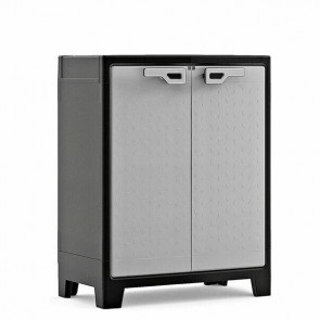 Armadio tuttopiani da esterno grigio con 2 ripiani regolabili. Armadietto multiuso da giardino nero con predisposizione per lucchetto, misure H100x80x44 