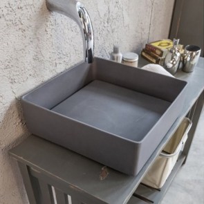 Lavabo bagno da appoggio cipì in resina moderno, lavandino quadrato design sospeso colore grigio.