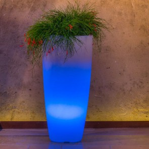 Vaso luminoso da giardino per esterno. Vasi illuminati di luce blu, per piante in resina bianca per interno.