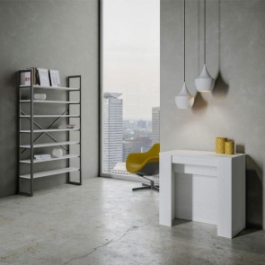 Tavolo consolle bianco frassino allungabile fino a 296 cm. Tavoli consolle allungabili con quattro prolunghe in legno, ideali in cucina e sala da pranzo.