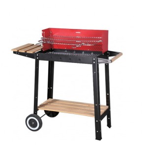 Barbecue a carbonella con struttura in acciaio e ruote. Fornello a carbone da esterno per giardino con griglia in acciaio cromato.