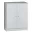Armadio basso multiuso con ripiano regolabile, dimensioni 62x34x80 cm. Mobile armadietto 2 ante in legno colore bianco, ideale anche come scarpiera.