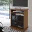 Mobile televisore noce con 2 ante in vetro. Carrello porta Tv e Pc con ruote e mensole, misure 73x62x40 cm.