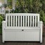 Cassapanca contenitore in resina con finitura effetto legno per esterno. Panchina baule da giardino in resina bianco, misure 132X61X89H cm.