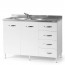 Sottolavello cucina montato con ante 120 cm bianco frassinato. Mobili sottolavelli per cucine componibili con quattro cassetti, lavello e miscelatore. 