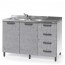 Sottolavello cucina montato con ante cemento 120 cm. Mobili sottolavelli per cucine componibili con quattro cassetti, lavello e miscelatore. 